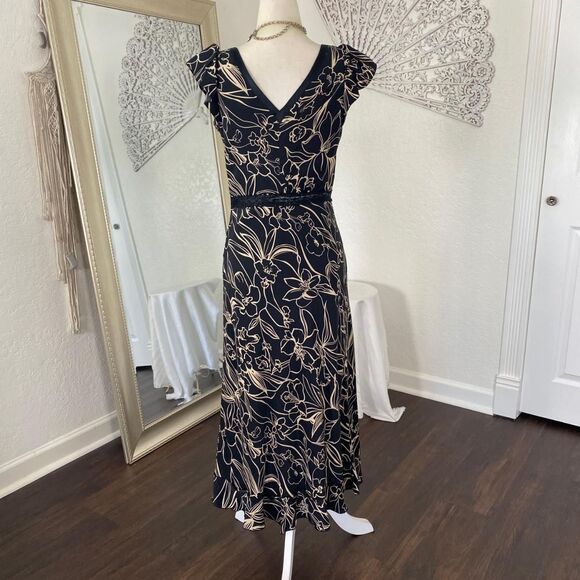 INC Romantic Goth Black Cream Floral Silk Midi Maxi Lace Trimmed Slip Dress 2 XS - Picture 5 of 8